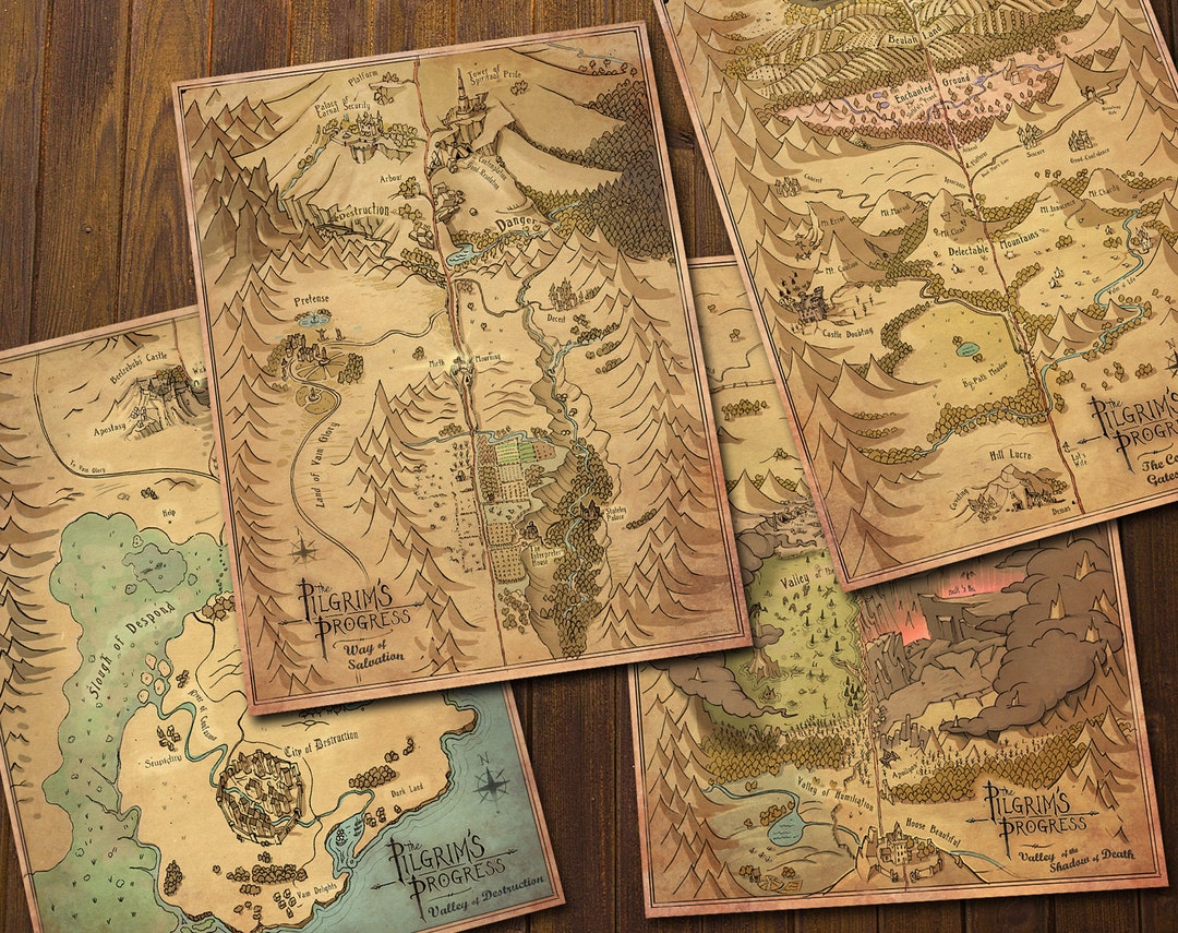 Pilgrim's Progress Maps Hand Drawn Vintage Style Christian's