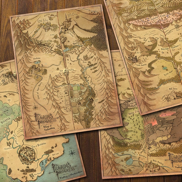 Pilgrim's Progress Maps - Style vintage dessiné à la main - Christian's Dangerous Journey - Printable Art - INSTANT DOWNLOAD