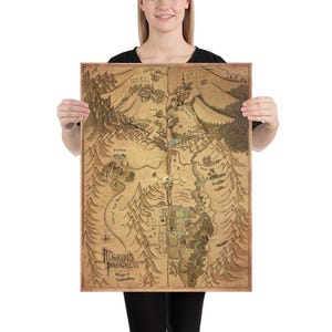 May include: A rectangular poster featuring a vintage-style illustrated map titled The Pilgrim's Progress Way of Salvation. The map displays brown parchment-toned terrain with mountains, forests, and labeled locations in black ink script.