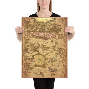 May include: A rectangular poster featuring a vintage-style illustrated map titled The Pilgrim's Progress The Celestial Gates. The map displays various terrains including mountains, forests, and rivers in sepia tones with black ink labels.