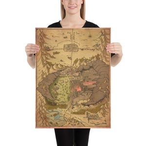 May include: A rectangular poster featuring a vintage-style illustrated map titled The Pilgrim's Progress. The map depicts various landscapes including mountains, forests, and a central path, with text labels such as Vanity and Valley of the Shadow of Death.