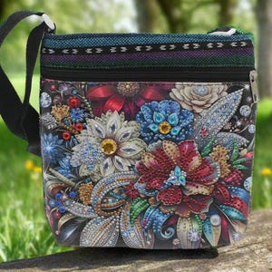 Diamond Art Floral Shoulder Bag, Silver & Red Flowers