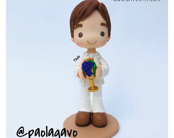 Personalized First Communion Cake Topper – Handmade Cold Porcelain Boy Figurine