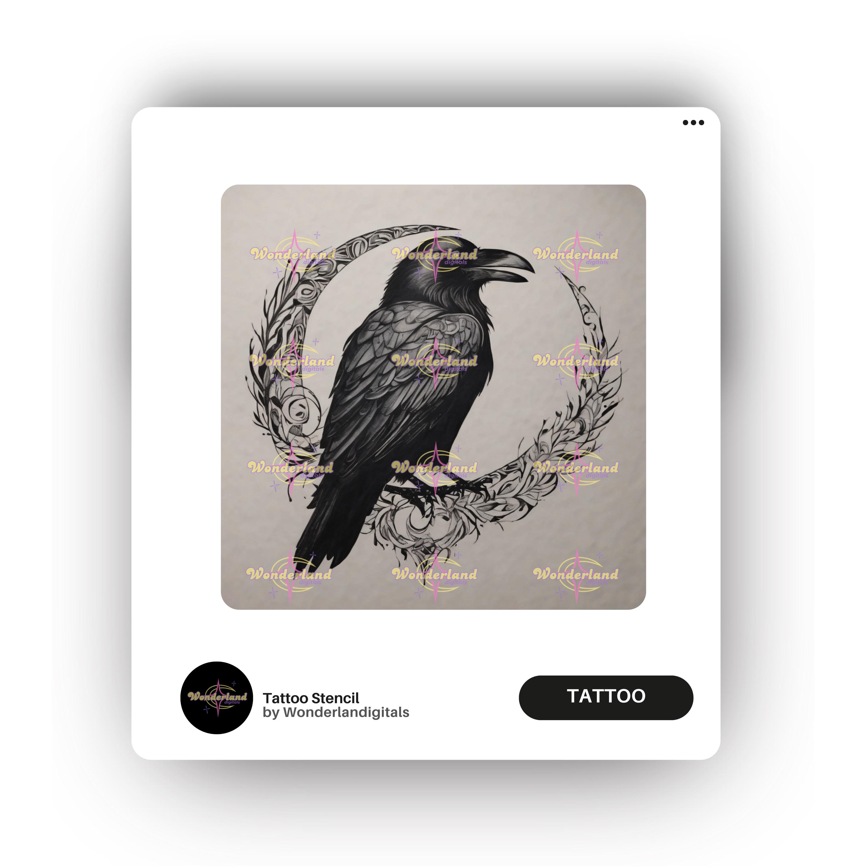 Ornamental Raven Tattoo Stencil - Gothic Crow Line Art - Mystical Bird ...