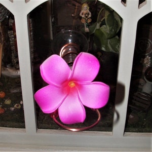 HAND CRAFTED. Copper Window Mount Hummingbird Feeder. Realistic 3" Foam Plumeria Flower