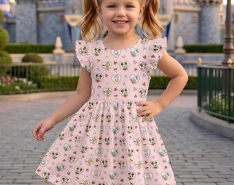 Vestido infantil retro de Mickey y sus amigos en color rosa con mangas de volantes, regalo ideal para amantes de Disney.