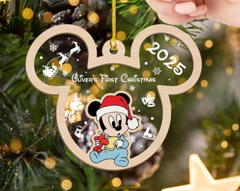 Custom Disney Baby's First Christmas Wooden Ornament, Custom Name Baby Ornament, Baby Keepsake, Christmas Gift
