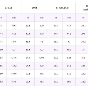 May include: A size chart for clothing measurements, including neck, chest, waist, shoulder, sleeve, and back length. Measurements are provided in inches and centimeters for sizes S through 5XL. The chart is on a white background.
