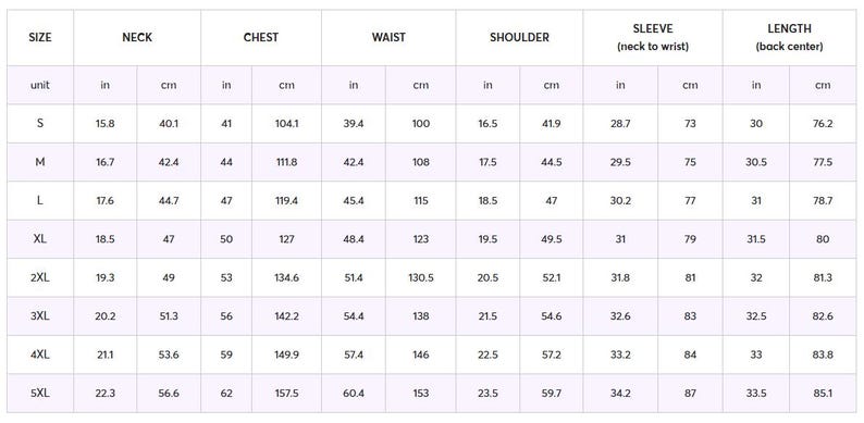 May include: A size chart for clothing measurements, including neck, chest, waist, shoulder, sleeve, and back length. Measurements are provided in inches and centimeters for sizes S through 5XL. The chart is on a white background.