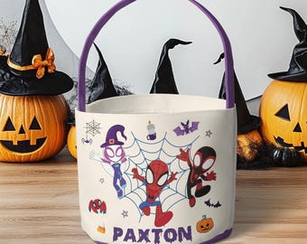 Custom Spidey And Friends Halloween Fabric Basket, Trick Or Treat Bag