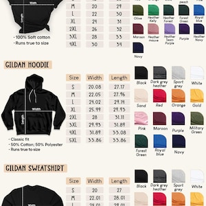 Pu&ograve; includere: Tabella delle taglie e dei colori per magliette Bella Canvas, felpe con cappuccio Gildan e felpe Gildan. Include misure di taglia, larghezza e lunghezza in cm, insieme a una guida alla selezione dei colori.