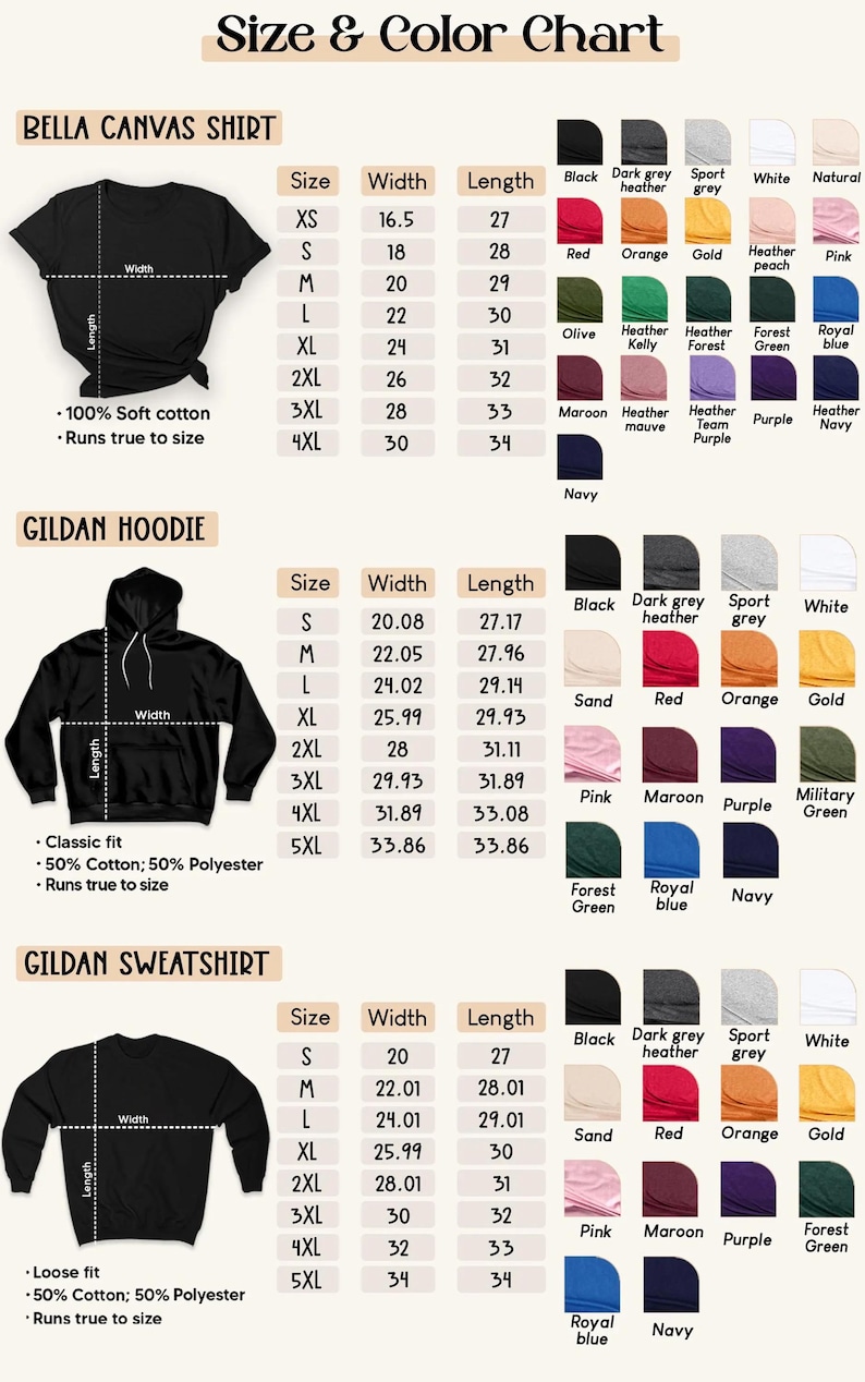 Pu&ograve; includere: Tabella delle taglie e dei colori per magliette Bella Canvas, felpe con cappuccio Gildan e felpe Gildan. Include misure di taglia, larghezza e lunghezza in cm, insieme a una guida alla selezione dei colori.