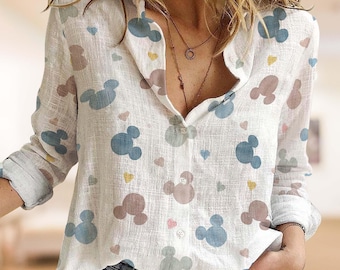 Retro Disney Women Blouse, Watercolor Mickey Print Shirt