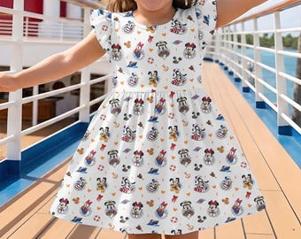 Vestido infantil de manga con volantes de Mickey y sus amigos para cruceros, conjunto para viaje en crucero de Disney.