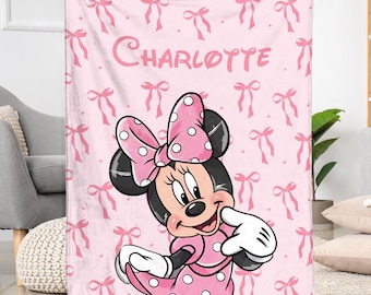 Coquette Minnie Mouse Fleece Blanket, Cute Disney Blanket, Custom Name Minnie Mouse Blanket, Christmas Gifts