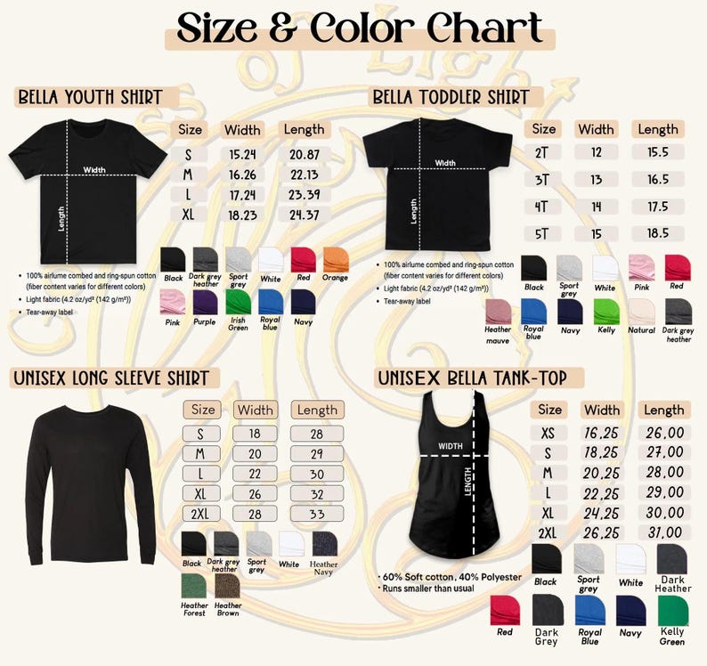 Pu&ograve; includere: Tabella delle taglie e dei colori per vari capi d'abbigliamento del marchio Bella, tra cui magliette per ragazzi, magliette per bambini piccoli, camicie a maniche lunghe e canotte. La tabella mostra taglie, larghezze e lunghezze in cm.