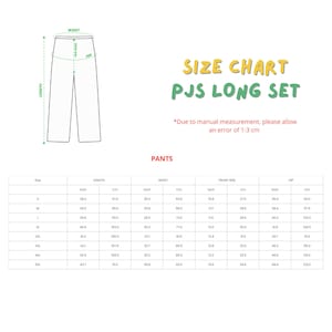 May include: Size chart for PJS Long Set pants, featuring measurements in inches and centimeters. The chart includes length, waist, front rise, and hip measurements for various sizes, from S to 5XL. A diagram of the pants is also included.