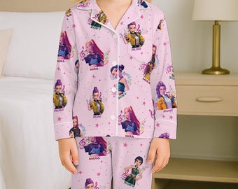 Pink Huntrix Inspired Youth Pajamas Set, Kpop Hunters Pajamas, Kpop Kids Pjs Set, KPop Fan Gift