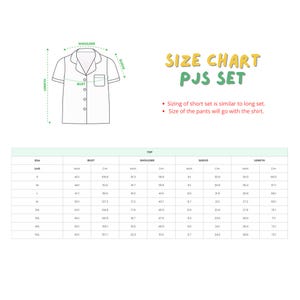 May include: A white pajama top diagram with measurements for bust, shoulder, sleeve, and length. The size chart for the PJS set is also included, with measurements in inches and centimeters for sizes S to 5XL. The text "SIZE CHART PJS SET" is at the top.