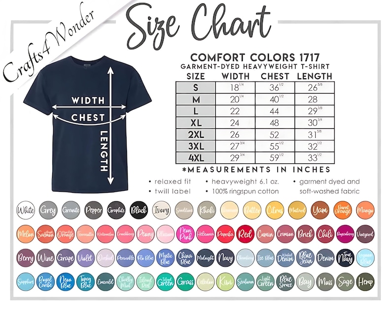 Pu&ograve; includere: Una maglietta Comfort Colors 1717 blu navy con una tabella delle taglie. La tabella mostra le misure in pollici, con equivalenti in cm, per larghezza, petto e lunghezza, dalla taglia S alla 4XL. &Egrave; presente anche una palette di colori.