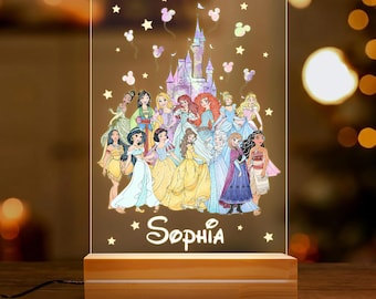 Lámpara de noche de princesas Disney, lámpara con nombre personalizado, decoración para habitación infantil