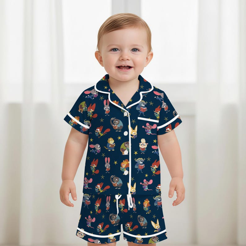 Pu&ograve; includere: Pigiama blu navy a maniche corte per bambini piccoli, con un motivo ripetuto di animali dei cartoni animati e stelle. Il set ha finiture e bottoni bianchi. I pantaloncini hanno un cordoncino. Il bambino sorride.