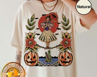 Chemise funambule fleur rétro, t-shirt manoir hanté Disney Halloween, t-shirt funambule fille
