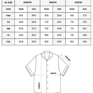 Puede incluir: Una tabla de tallas para una camisa hawaiana de manga corta para j&oacute;venes. La tabla enumera las tallas estadounidenses de YXS a YXL con medidas de largo, ancho y manga en pulgadas y cent&iacute;metros. Un dibujo lineal ilustra los puntos de medida.