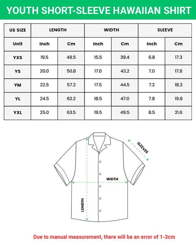 Puede incluir: Una tabla de tallas para una camisa hawaiana de manga corta para j&oacute;venes. La tabla enumera las tallas estadounidenses de YXS a YXL con medidas de largo, ancho y manga en pulgadas y cent&iacute;metros. Un dibujo lineal ilustra los puntos de medida.
