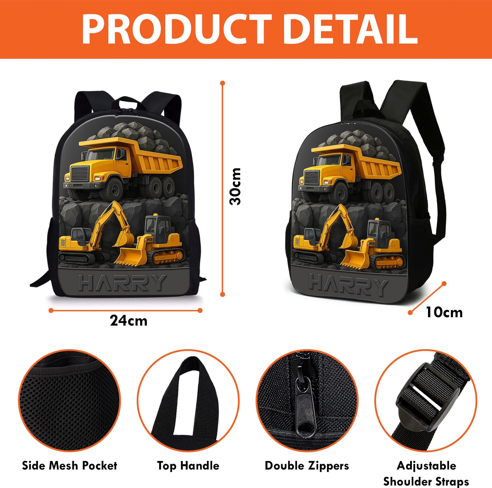 Custom Construction Kids Backpack, Excavator Truck Backpack, Truck ...