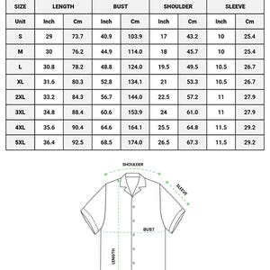 Puede incluir: Una tabla de tallas para una camisa hawaiana de manga corta, que incluye medidas en pulgadas y cent&iacute;metros para las tallas S a 5XL, junto con un dibujo lineal de una camisa que indica la longitud, el busto, el hombro y la manga.