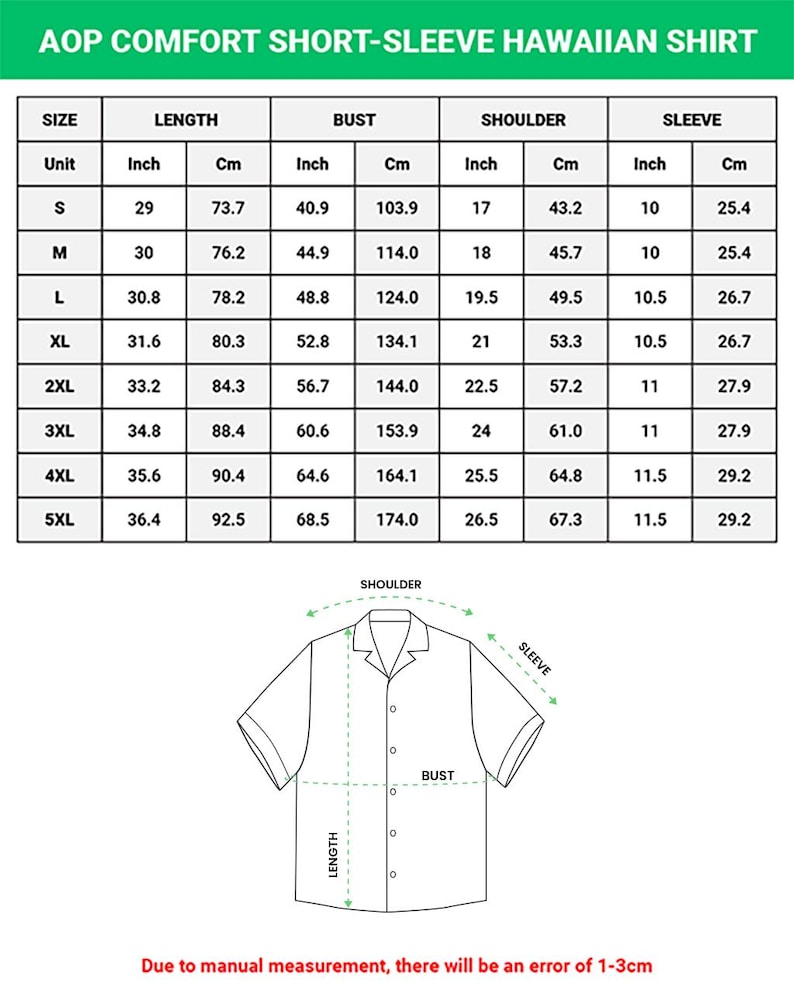 Puede incluir: Una tabla de tallas para una camisa hawaiana de manga corta, que incluye medidas en pulgadas y cent&iacute;metros para las tallas S a 5XL, junto con un dibujo lineal de una camisa que indica la longitud, el busto, el hombro y la manga.
