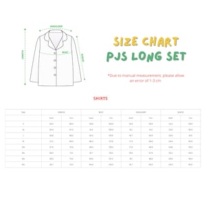 May include: A white size chart for a PJS Long Set, with measurements in inches and centimeters. The chart includes shirt sizes, length, bust, shoulder, and sleeve dimensions. The text "SIZE CHART PJS LONG SET" is displayed in yellow and green.