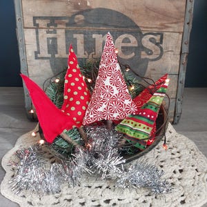 Handmade fabric Christmas trees with real tree branch stumps bowl filler decorations, set of 5