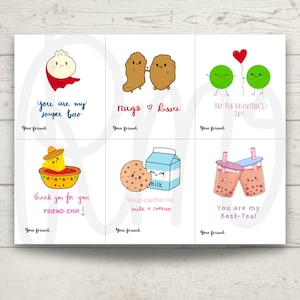 6 biglietti di San Valentino stampabili kawaii carini, Bao carini, Boba Milk Tea, Patatine e salsa, Nuggets, biglietti di San Valentino, Bambini, Scuola
