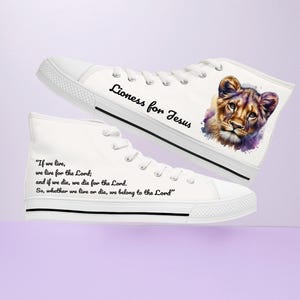 Christian Woman&#39;s High Top Sneakers, Colorful Lioness Graphic Bible Scripture Verse Shoes, Religious Gift, Christian Apparel, Faith