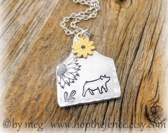 1.25" Tall Tag- Sunflower Show Pig Necklace, Stock Show Jewelry, 4-H Charm- Hand Tooled-14g Aluminum- 18" Stainless Chain- Tiny Enamel Charm
