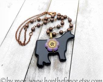 Chunky 2" Wide, Kiln Fired Glass Show Steer, Cattle, 20" Copper Rosary Chain Necklace, With Czech Glass Flower Bead Charm