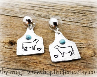 1" Tall Cow Tag- Heifer Earrings, Stock Show Jewelry, 4-H Necklace- 14 Gauge Hand Stamped/Tooled No Tarnish Aluminum- Inset Howlite Cab