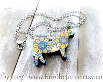 1 1/2" Wide,  Sunflowers Cattle Necklace, 1/4" Thick, Laser Cut Wood, Has Some Sparkle 18" Stainless Steel Chain-