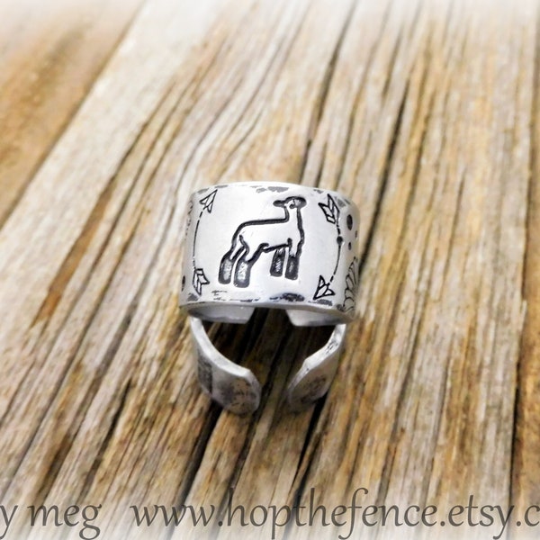 Size 7- Wide Open Back Ring Or Scarf Slid- Show Sheep & Sunflowers - Hand Tooled/Stamped 14g Sturdy Aluminum- 4-H Scarf Slide