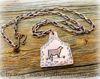 1 1/4" Tall Rustic Copper Cow Tag Cattle Necklace-  Hand Stamped/Tooled- Sealed- Comes With 18" Shown Copper Chain
