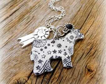 1.5" Show Steer- Stock Show Charm- Hand Tooled/Stamped- Thick 12 Gauge Aluminum- 18" Stainless Chain- Rosette Ribbon Charm