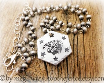 1"  Rustic Retro Hereford Bull Necklace- Faux Navajo Pearl Choker- Stock Show Charm- Hand Tooled/Stamped- 12 Gauge Aluminum- 14"+3" Ext.