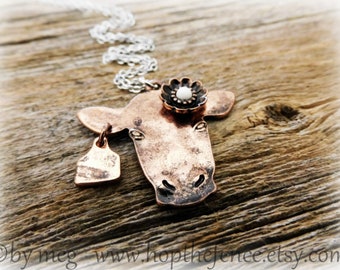 1 1/4" Ear To Ear Rustic Cattle Head Necklace- Livestock Charm, Stock Show Necklace- Metal Cut Out- Tiny Cow Tag Charm-  18" Stainless Chain