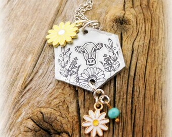1.25" Floral Cow Necklace- Hand Tooled/Stamped- Thick 12 Gauge Aluminum- 18" Stainless Chain With Shown Flower Charm Embellishment