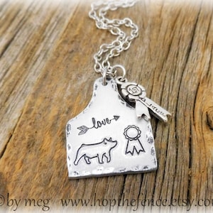 1.25&quot; Tall Tag- Rosette Ribbon Show Pig Necklace, Stock Show Jewelry, 4-H Charm- Hand Tooled-14g Aluminum- 16&quot; Stainless Chain- Ribbon Charm