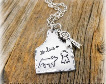 1.25" Tall Tag- Rosette Ribbon Show Pig Necklace, Stock Show Jewelry, 4-H Charm- Hand Tooled-14g Aluminum- 16" Stainless Chain- Ribbon Charm