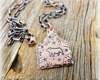 1.25" Tall Rustic Show Hog/Pig Copper Tag Necklace-  Hand Stamped/Tooled- Sealed- Comes With 20" Copper Chain Necklace-