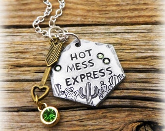 1.25" "Hot Mess Express" Cactus Scene- Hand Tooled/Stamped- Thick 12 Gauge Aluminum- 18" Stainless Steel Petite Cain Chain With Shown Charm